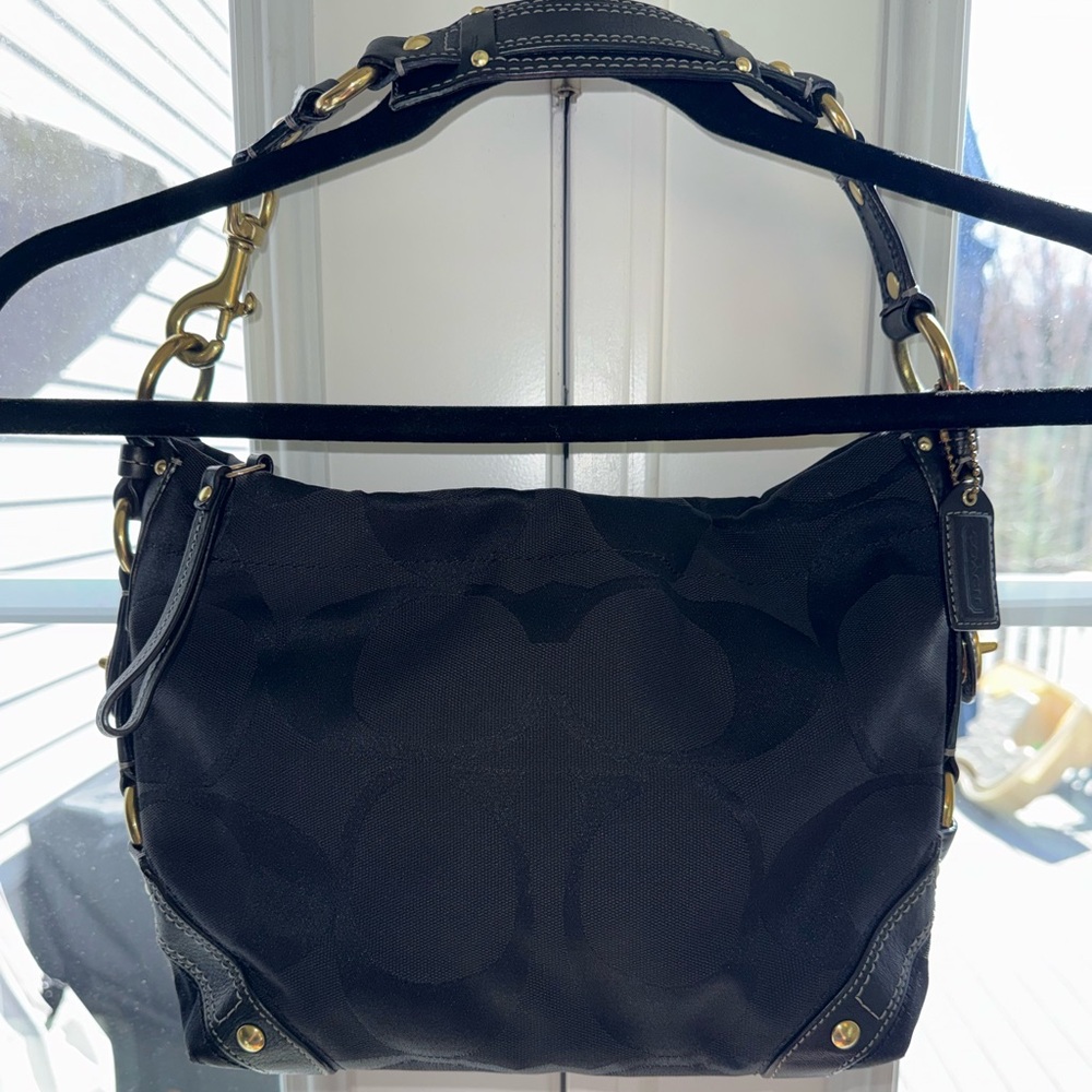 Coach Black Signature Carly Hobo Shoulder Bag with Brass Hardware - Picture 15 of 16